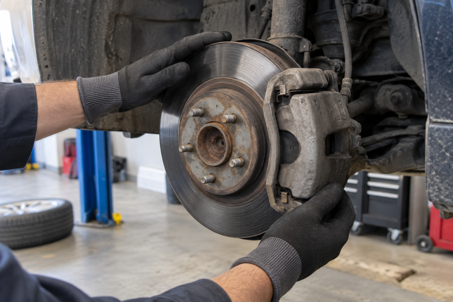 Gloved hands checking a car brake rotor and caliper with the wheel removed