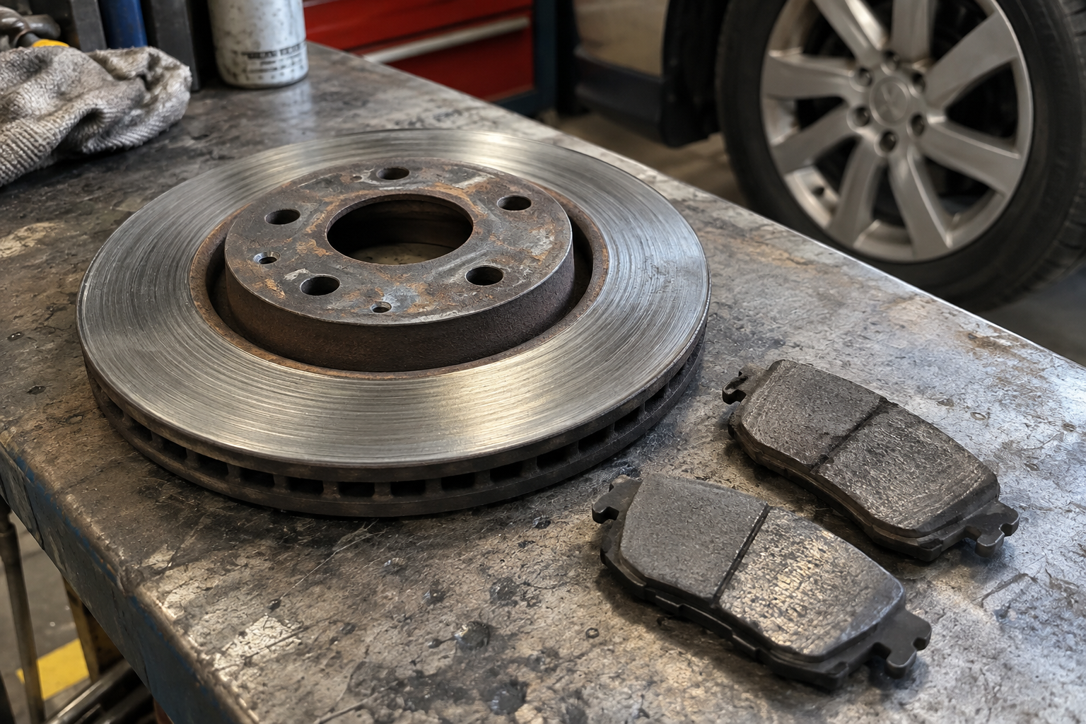 Used brake rotor and two brake pads on a worn garage workbench