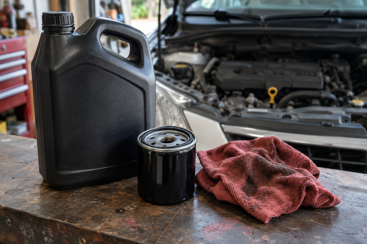 Engine oil jug, oil filter and red shop cloth beside an open car hood