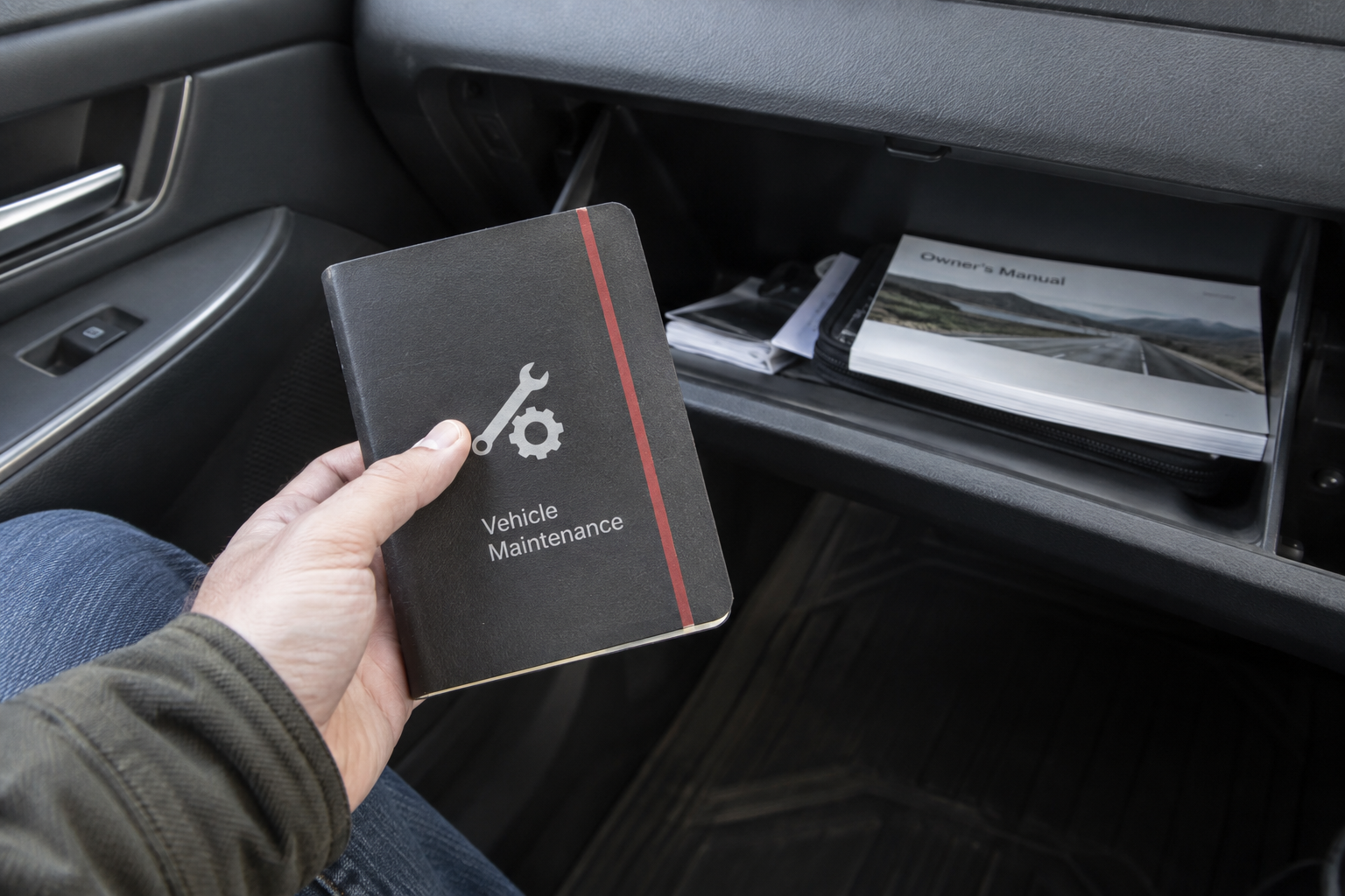 A driver holding a vehicle maintenance booklet beside an open glove box