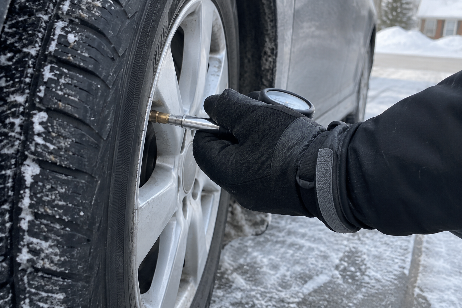 A gloved hand using a pressure gauge on a winter tire beside a snowy driveway