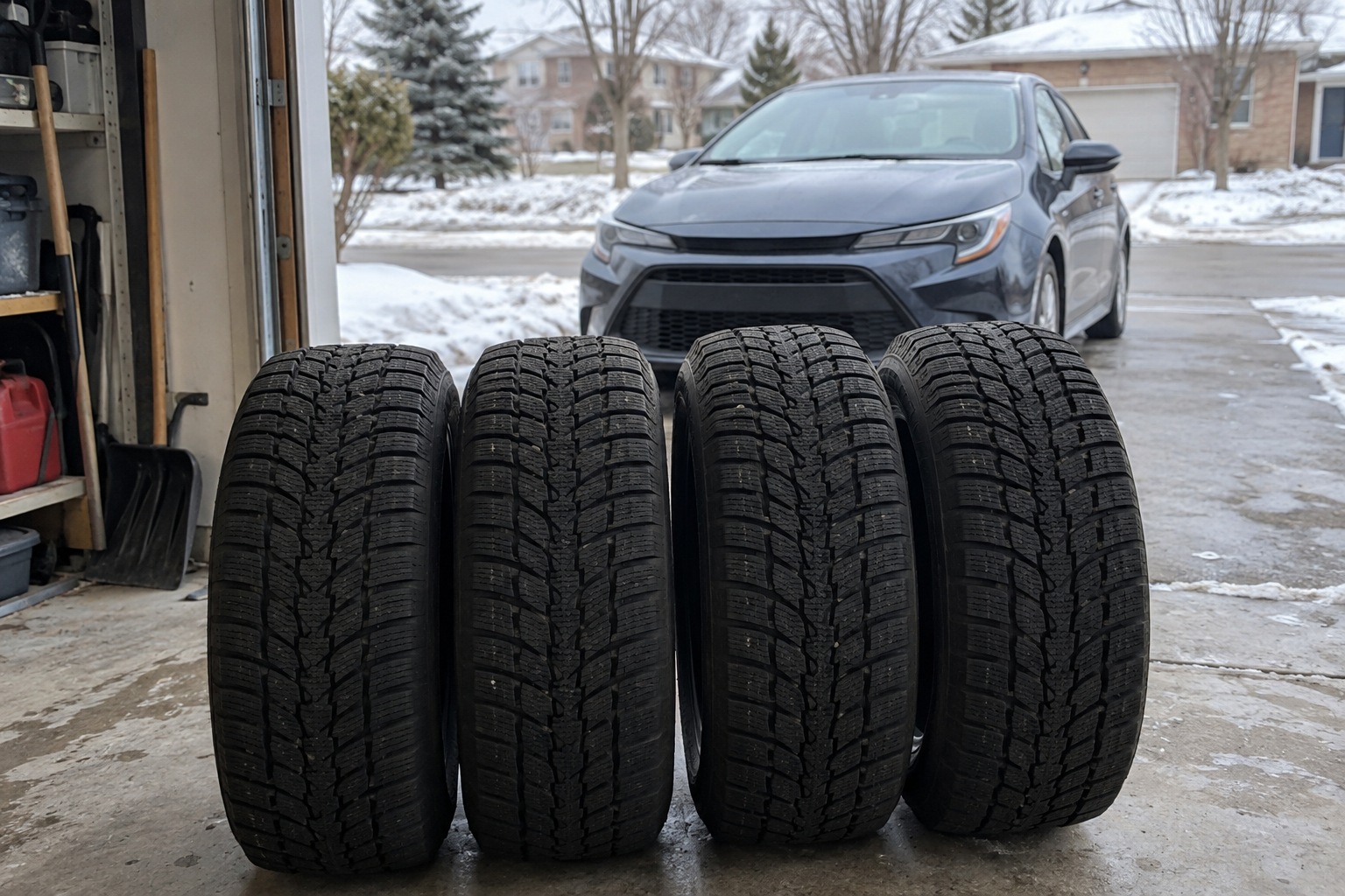 Four winter tires in a garage with a car and light snow outside
